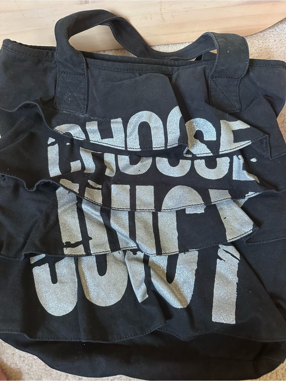 Black Ruffle Tote with Silver 'CHOOSE JUICY' Graphic